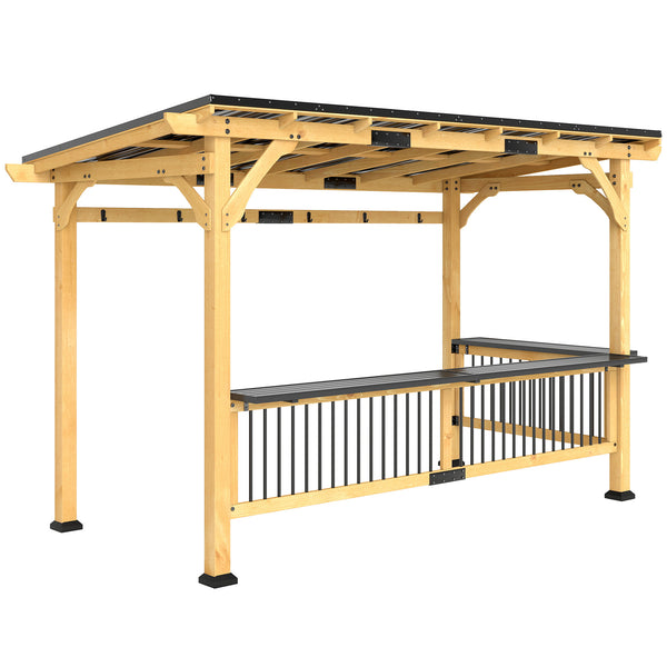 13' x 6' Wooden BBQ Grill Gazebo, Hardtop Grill Gazebo with Metal Roof, 2 Bar Shelves and 6 Hooks, Outdoor Shade for Patio, Garden, Backyard, Natural