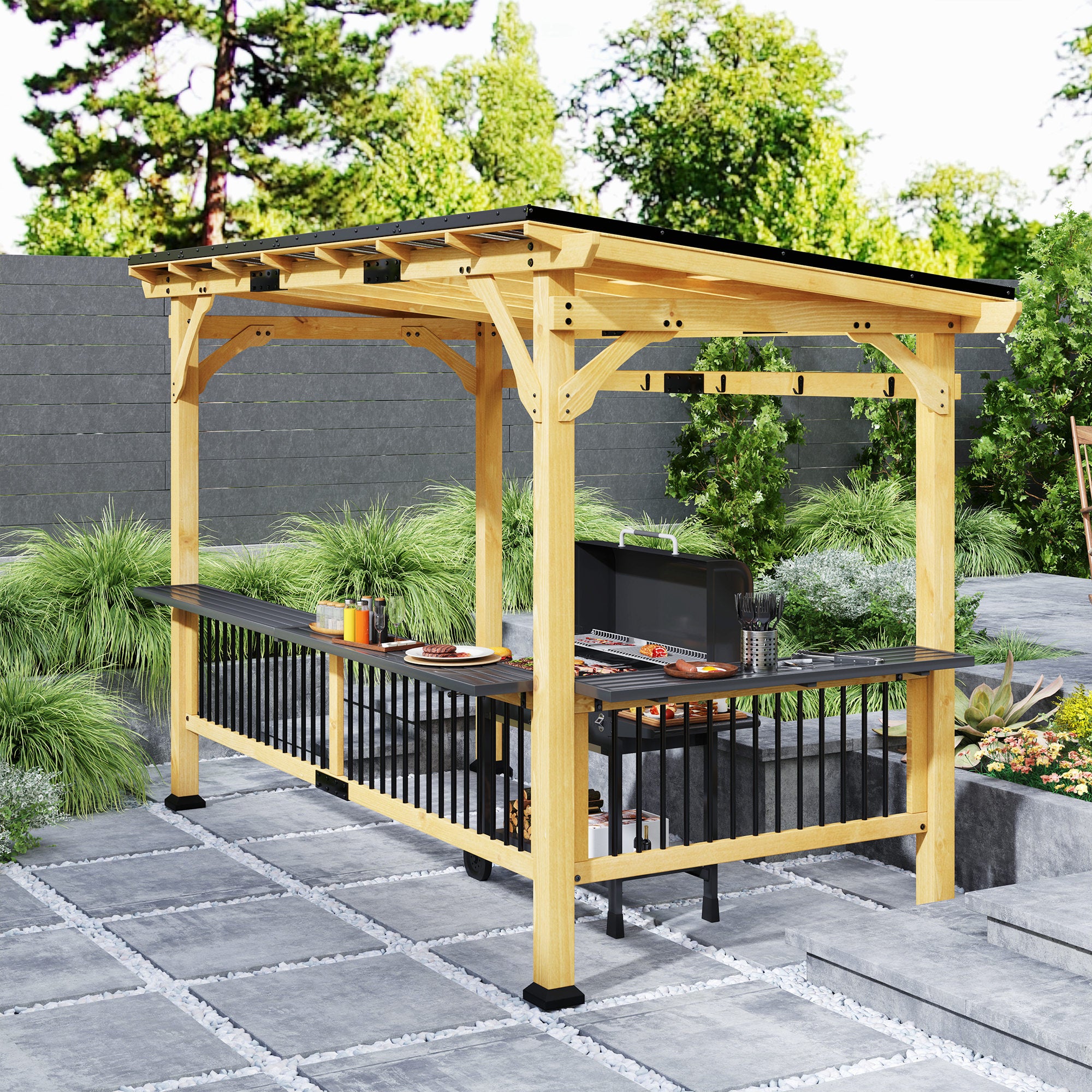 grill tent Outsunny 13' x 6' Wooden BBQ Grill Gazebo, Hardtop Grill Gazebo with Metal Roof, 2 Bar Shelves and 6 Hooks