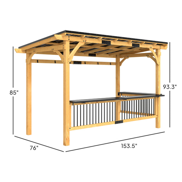 13' x 6' Wooden BBQ Grill Gazebo, Hardtop Grill Gazebo with Metal Roof, 2 Bar Shelves and 6 Hooks, Outdoor Shade for Patio, Garden, Backyard, Natural