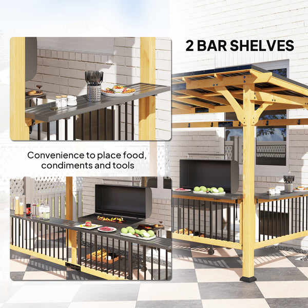 13' x 6' Wooden BBQ Grill Gazebo, Hardtop Grill Gazebo with Metal Roof, 2 Bar Shelves and 6 Hooks, Outdoor Shade for Patio, Garden, Backyard, Natural