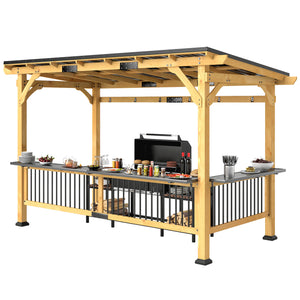 13' x 6' Wooden BBQ Grill Gazebo, Hardtop Grill Gazebo with Metal Roof, 2 Bar Shelves and 6 Hooks, Outdoor Shade for Patio, Garden, Backyard, Natural