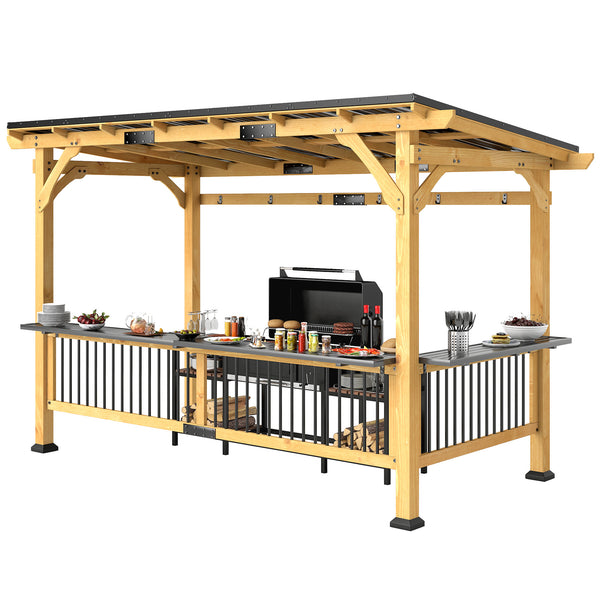 13' x 6' Wooden BBQ Grill Gazebo, Hardtop Grill Gazebo with Metal Roof, 2 Bar Shelves and 6 Hooks, Outdoor Shade for Patio, Garden, Backyard, Natural