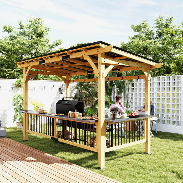 13' x 6' Wooden BBQ Grill Gazebo, Hardtop Grill Gazebo with Metal Roof, 2 Bar Shelves and 6 Hooks, Outdoor Shade for Patio, Garden, Backyard, Natural