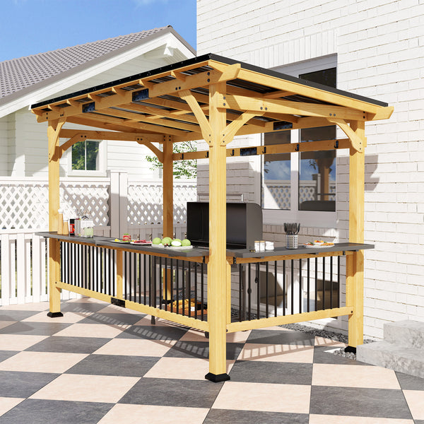 13' x 6' Wooden BBQ Grill Gazebo, Hardtop Grill Gazebo with Metal Roof, 2 Bar Shelves and 6 Hooks, Outdoor Shade for Patio, Garden, Backyard, Natural