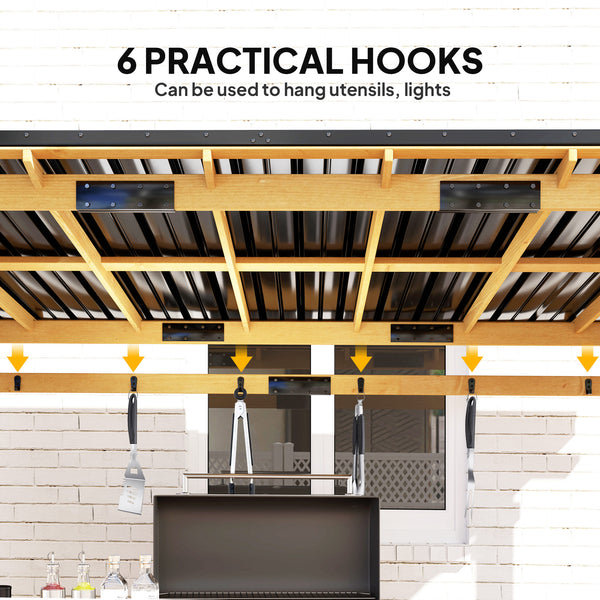13' x 6' Wooden BBQ Grill Gazebo, Hardtop Grill Gazebo with Metal Roof, 2 Bar Shelves and 6 Hooks, Outdoor Shade for Patio, Garden, Backyard, Natural