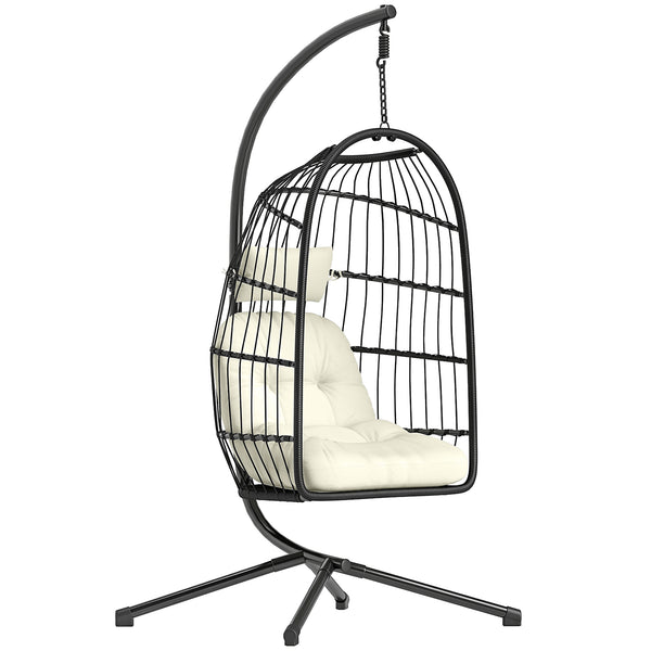 Hanging Egg Chair, Indoor Outdoor Hammock Swing Chair with Stand, Safety Strap, Foldable Basket, Thick Cushions, Headrest, Adjustable Height, Metal Frame for Garden Balcony, Black/Cream White