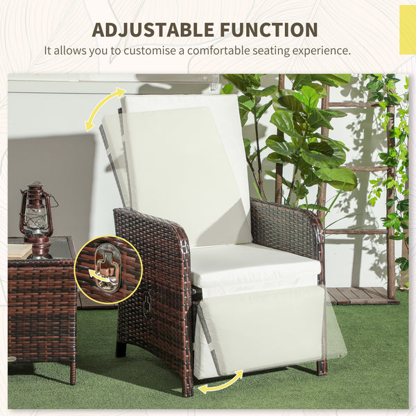 3 Pieces Garden Rattan Bistro Set with Adjustable Backrest, Balcony Conversation Furniture Set with 2 Armchairs Tempered Glass Coffee Table, Cushions, Storage Function - Mixed-Brown