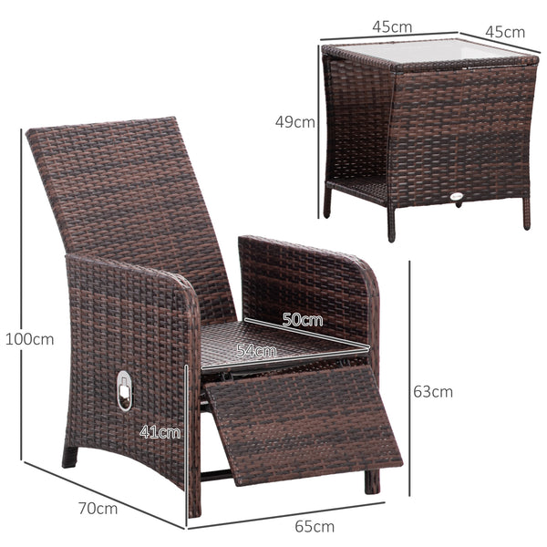 3 Pieces Garden Rattan Bistro Set with Adjustable Backrest, Balcony Conversation Furniture Set with 2 Armchairs Tempered Glass Coffee Table, Cushions, Storage Function - Mixed-Brown