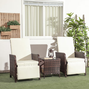 3 Pieces Garden Rattan Bistro Set with Adjustable Backrest, Balcony Conversation Furniture Set with 2 Armchairs Tempered Glass Coffee Table, Cushions, Storage Function - Mixed-Brown