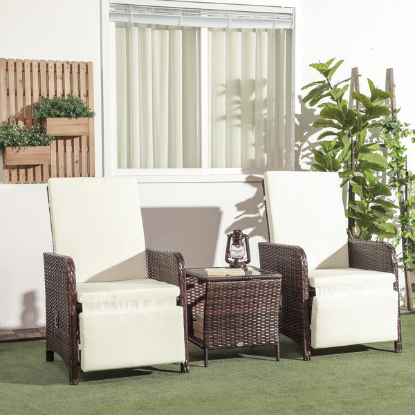 3 Pieces Garden Rattan Bistro Set with Adjustable Backrest, Balcony Conversation Furniture Set with 2 Armchairs Tempered Glass Coffee Table, Cushions, Storage Function - Mixed-Brown