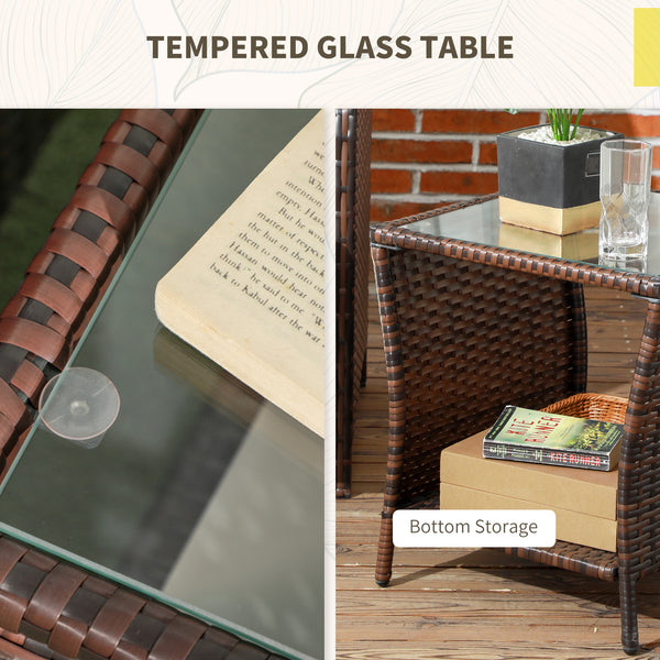 3 Pieces Garden Rattan Bistro Set with Adjustable Backrest, Balcony Conversation Furniture Set with 2 Armchairs Tempered Glass Coffee Table, Cushions, Storage Function - Mixed-Brown