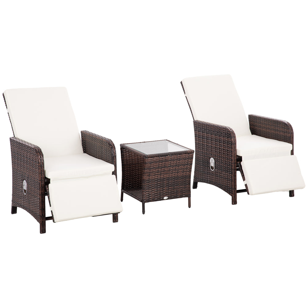 3 Pieces Garden Rattan Bistro Set with Adjustable Backrest, Balcony Conversation Furniture Set with 2 Armchairs Tempered Glass Coffee Table, Cushions, Storage Function - Mixed-Brown