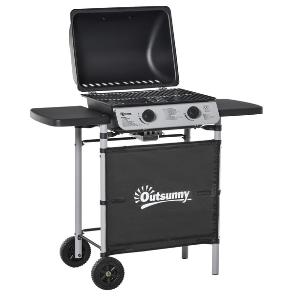 2 Burner Gas BBQ Trolley with Lid, 5.6 kW Gas Barbecue Grill with Wheels, Side Shelves, Grey