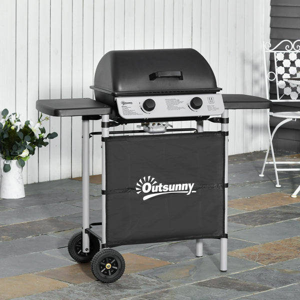 2 Burner Gas BBQ Trolley with Lid, 5.6 kW Gas Barbecue Grill with Wheels, Side Shelves, Grey