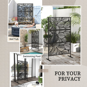 Decorative Garden Privacy Screen with Stand, 6.5FT Freestanding Metal Outdoor Divider, Decorative Privacy Panel with Expansion Screws for Garden Pool Hot Tub, Leaf Style, Black