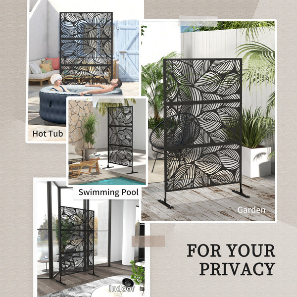 Decorative Garden Privacy Screen with Stand, 6.5FT Freestanding Metal Outdoor Divider, Decorative Privacy Panel with Expansion Screws for Garden Pool Hot Tub, Leaf Style, Black