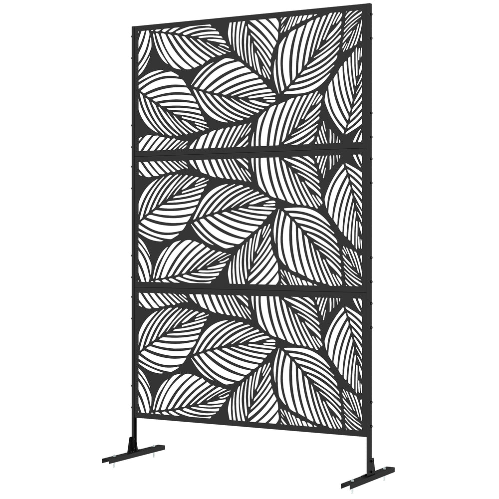 Metal Outdoor Privacy Screen, Decorative Outdoor Divider with Stand and Expansion Screws, Freestanding Privacy Panel for Garden, Backyard, Deck, Leaf Style, Black