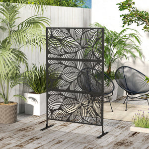 Decorative Garden Privacy Screen with Stand, 6.5FT Freestanding Metal Outdoor Divider, Decorative Privacy Panel with Expansion Screws for Garden Pool Hot Tub, Leaf Style, Black