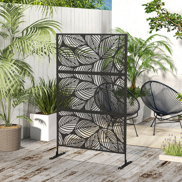Decorative Garden Privacy Screen with Stand, 6.5FT Freestanding Metal Outdoor Divider, Decorative Privacy Panel with Expansion Screws for Garden Pool Hot Tub, Leaf Style, Black