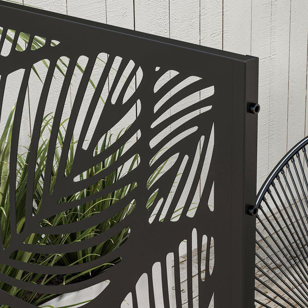 Decorative Garden Privacy Screen with Stand, 6.5FT Freestanding Metal Outdoor Divider, Decorative Privacy Panel with Expansion Screws for Garden Pool Hot Tub, Leaf Style, Black