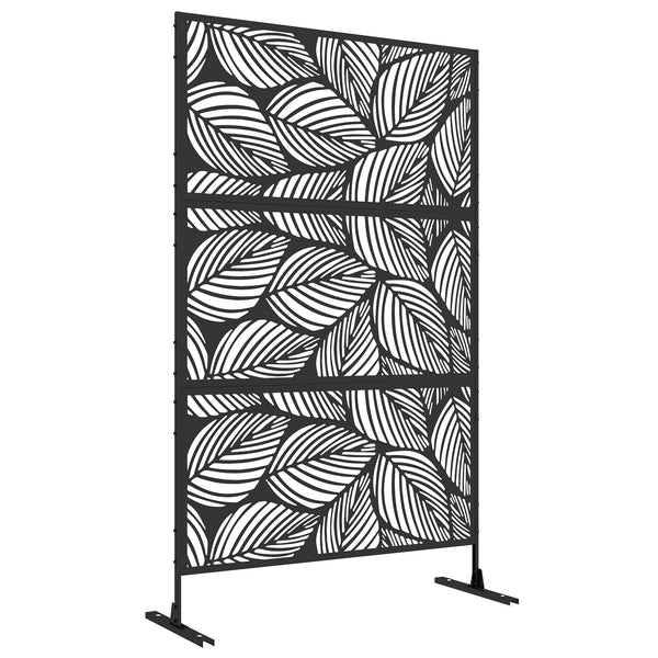Decorative Garden Privacy Screen with Stand, 6.5FT Freestanding Metal Outdoor Divider, Decorative Privacy Panel with Expansion Screws for Garden Pool Hot Tub, Leaf Style, Black