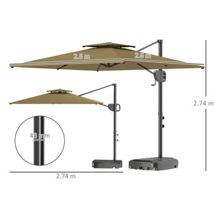 2.5m Garden Cantilever Parasol with Fillable Base, Up to 40kg, Double Top Garden Parasol, Square Overhanging Patio Umbrella with Crank Handle and Tilt for Outdoor Sun Shade, Khaki