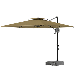 2.5m Garden Cantilever Parasol with Fillable Base, Up to 40kg, Double Top Garden Parasol, Square Overhanging Patio Umbrella with Crank Handle and Tilt for Outdoor Sun Shade, Khaki