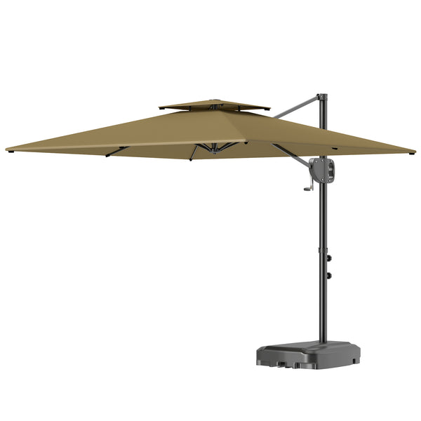 2.5m Garden Cantilever Parasol with Fillable Base, Up to 40kg, Double Top Garden Parasol, Square Overhanging Patio Umbrella with Crank Handle and Tilt for Outdoor Sun Shade, Khaki