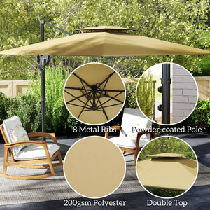2.5m Garden Cantilever Parasol with Fillable Base, Up to 40kg, Double Top Garden Parasol, Square Overhanging Patio Umbrella with Crank Handle and Tilt for Outdoor Sun Shade, Khaki