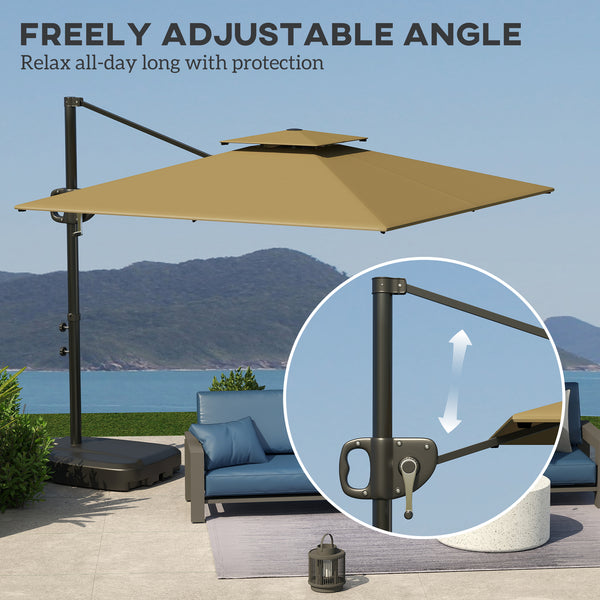 2.5m Garden Cantilever Parasol with Fillable Base, Up to 40kg, Double Top Garden Parasol, Square Overhanging Patio Umbrella with Crank Handle and Tilt for Outdoor Sun Shade, Khaki