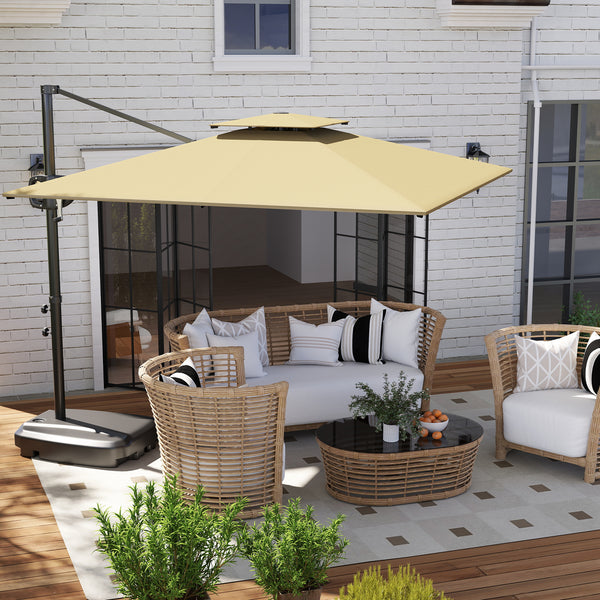 2.5m Garden Cantilever Parasol with Fillable Base, Up to 40kg, Double Top Garden Parasol, Square Overhanging Patio Umbrella with Crank Handle and Tilt for Outdoor Sun Shade, Khaki