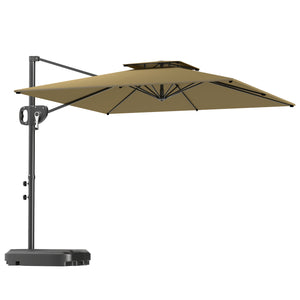 2.5m Garden Cantilever Parasol with Fillable Base, Up to 40kg, Double Top Garden Parasol, Square Overhanging Patio Umbrella with Crank Handle and Tilt for Outdoor Sun Shade, Khaki