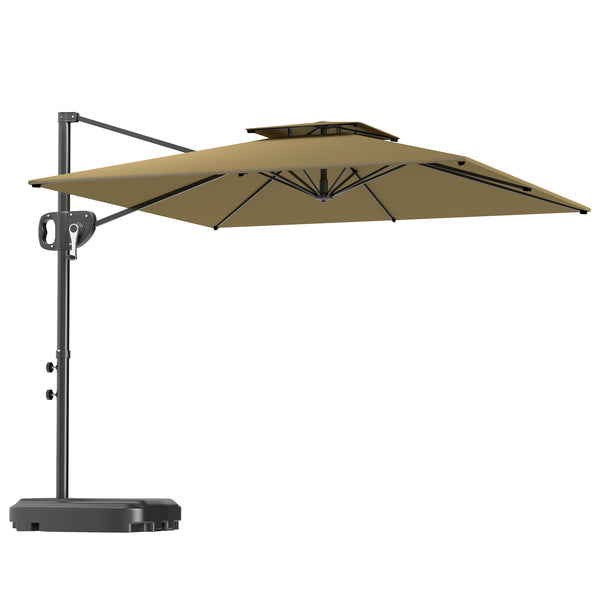 2.5m Garden Cantilever Parasol with Fillable Base, Up to 40kg, Double Top Garden Parasol, Square Overhanging Patio Umbrella with Crank Handle and Tilt for Outdoor Sun Shade, Khaki