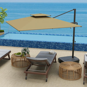 2.5m Garden Cantilever Parasol with Fillable Base, Up to 40kg, Double Top Garden Parasol, Square Overhanging Patio Umbrella with Crank Handle and Tilt for Outdoor Sun Shade, Khaki