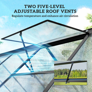 11x6 ft Polycarbonate Greenhouse with Swing Door and Two Adjustable Roof Vents, Aluminum Walk-in Greenhouse Outdoor Greenhouse for Patio Garden Backyard, Black