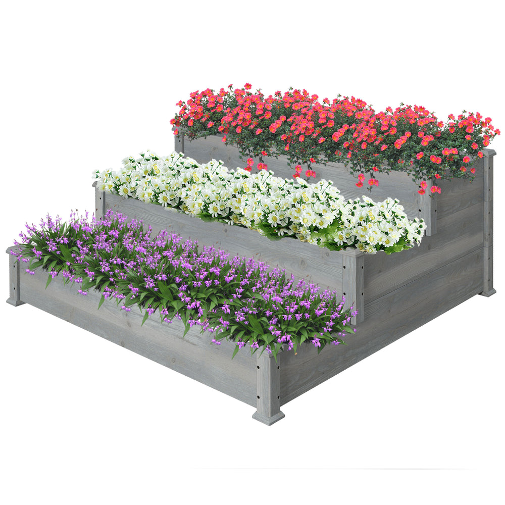 49"x49"x22" 3-Tier Raised Garden Bed Wooden Planter Kit Elevated Plant Box Stand for Yard & Patio, Grey