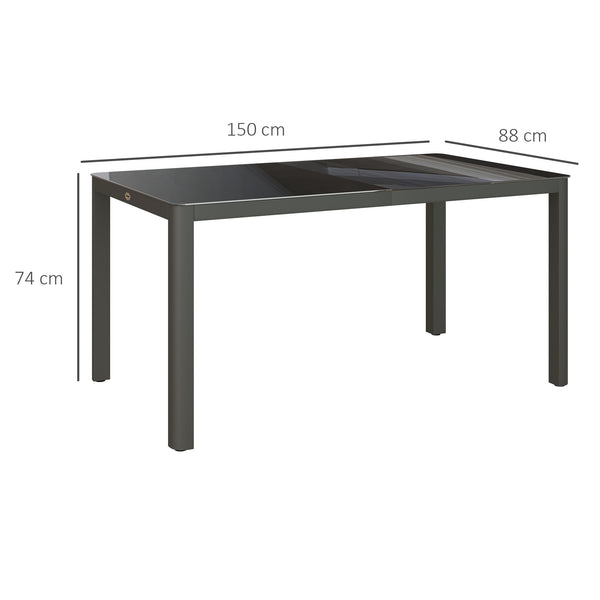Outdoor Dining Table for 6, Tempered Glass Top and Aluminium Frame, Garden Table for Balcony, Porch, Terrace, 150cm x 88cm, Grey