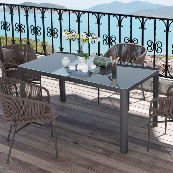 Outdoor Dining Table for 6, Tempered Glass Top and Aluminium Frame, Garden Table for Balcony, Porch, Terrace, 150cm x 88cm, Grey