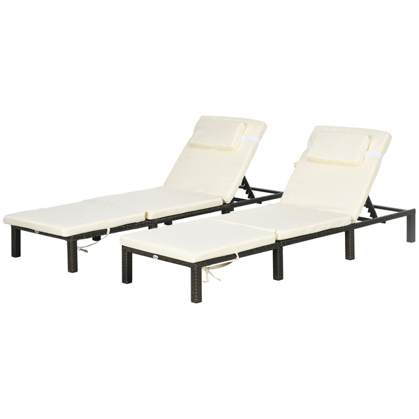 Rattan Sun Lounger Set of 2, 5-Level Adjustable Garden Lounger Recliner with Cushion and Headrest, Outdoor Reclining Sunbed, Steel Frame Garden Chair for Patio, Beach, Terrace, Cream White
