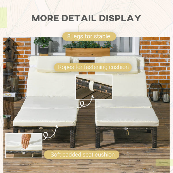 Rattan Sun Lounger Set of 2, 5-Level Adjustable Garden Lounger Recliner with Cushion and Headrest, Outdoor Reclining Sunbed, Steel Frame Garden Chair for Patio, Beach, Terrace, Cream White
