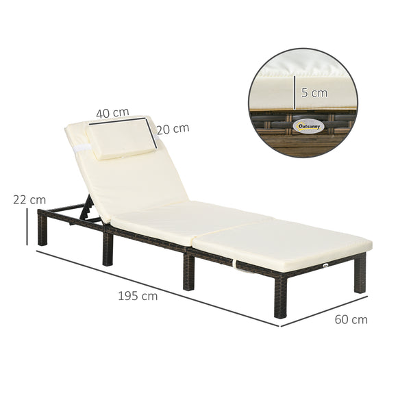 Rattan Sun Lounger Set of 2, 5-Level Adjustable Garden Lounger Recliner with Cushion and Headrest, Outdoor Reclining Sunbed, Steel Frame Garden Chair for Patio, Beach, Terrace, Cream White