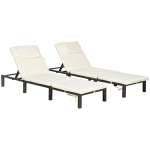 Rattan Sun Lounger Set of 2, 5-Level Adjustable Garden Lounger Recliner with Cushion and Headrest, Outdoor Reclining Sunbed, Steel Frame Garden Chair for Patio, Beach, Terrace, Cream White