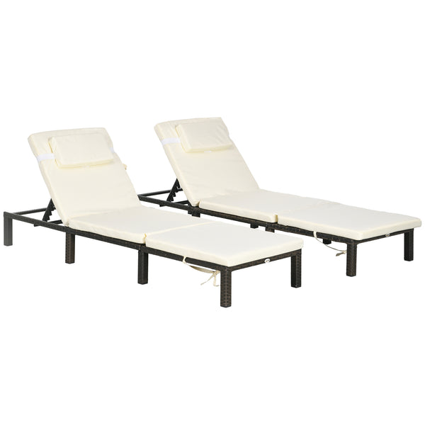 Rattan Sun Lounger Set of 2, 5-Level Adjustable Garden Lounger Recliner with Cushion and Headrest, Outdoor Reclining Sunbed, Steel Frame Garden Chair for Patio, Beach, Terrace, Cream White