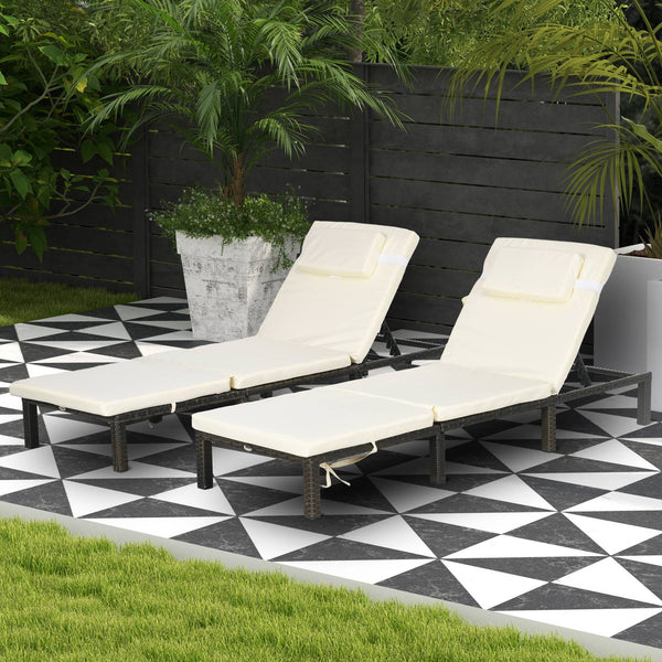 Rattan Sun Lounger Set of 2, 5-Level Adjustable Garden Lounger Recliner with Cushion and Headrest, Outdoor Reclining Sunbed, Steel Frame Garden Chair for Patio, Beach, Terrace, Cream White
