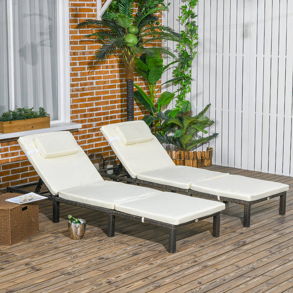 Rattan Sun Lounger Set of 2, 5-Level Adjustable Garden Lounger Recliner with Cushion and Headrest, Outdoor Reclining Sunbed, Steel Frame Garden Chair for Patio, Beach, Terrace, Cream White