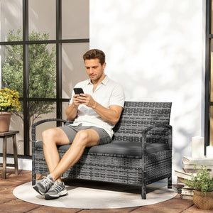 Wicker Outdoor Storage Bench, 33 Gallon PE Rattan Deck Box Seat, 2-Seater Patio Bench with Storage and Cushion for Garden Tools, Balcony, Backyard, Pool, Grey