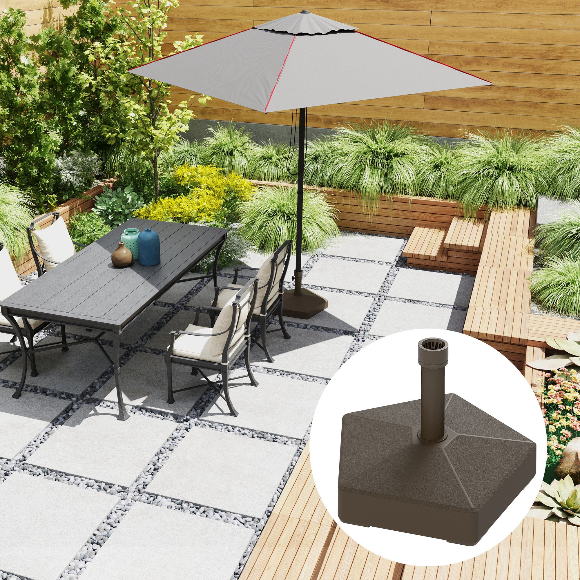 grey patio umbrella with base Outsunny Patio Umbrella Base Holder, Heavy Duty Outdoor Umbrella Stand Base, Filled Up to 42lbs with Stand or 33lbs with Water for Garden, Poolside, B