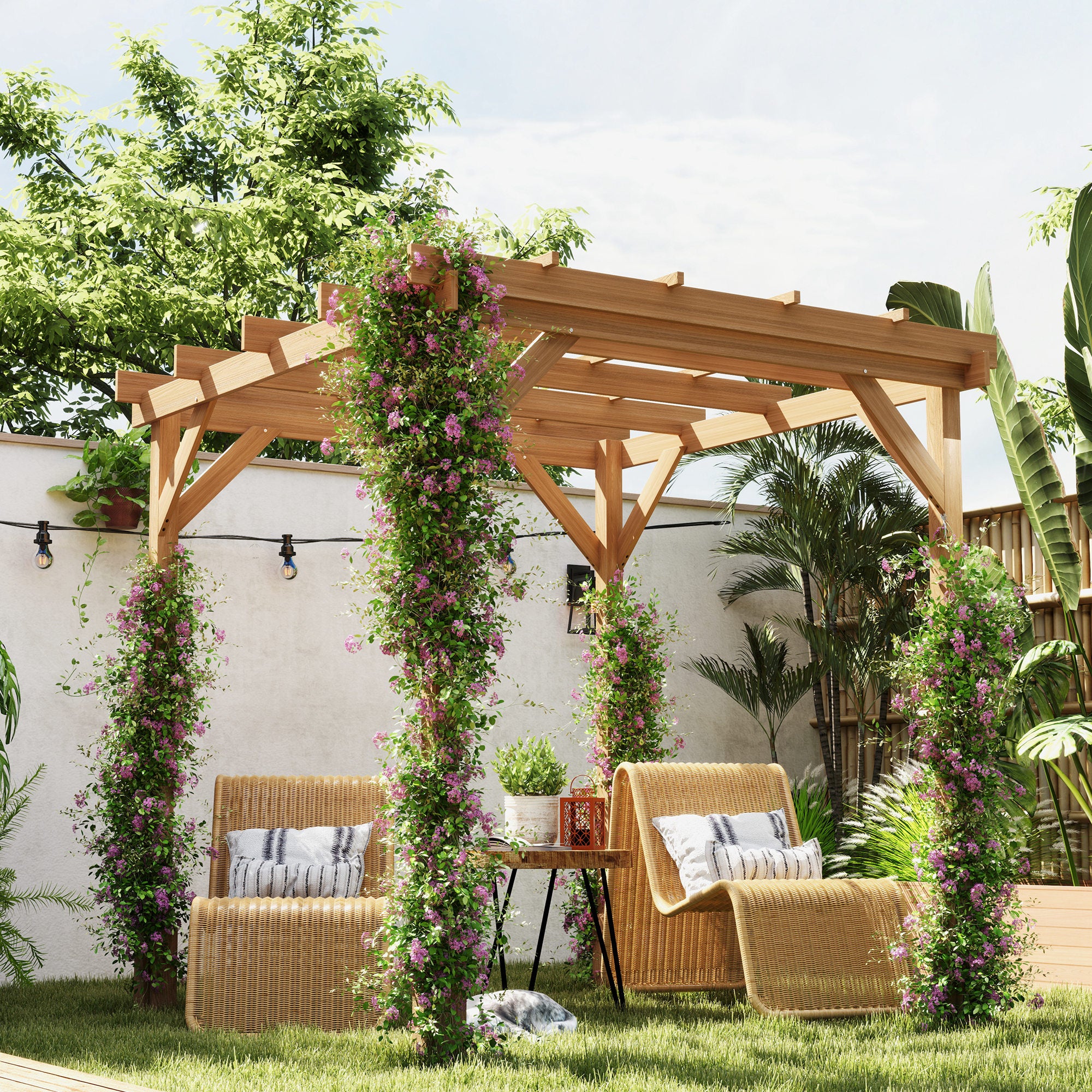 wood trellis over patio Outsunny 6.6' x 6.6' Wood Pergola, Outdoor Gazebo Grape Trellis with Stable Structure for Climbing Plant Support, Dark Brown