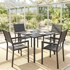 5 Pieces Garden Dining Set, Garden Table and Chairs Set for 4 with Square HDPE Table and Chairs with Armrests, Outdoor Furniture for Patio Porch Terrace, Black