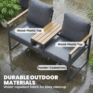 Outdoor Garden Bench, Patio Bench with Metal Frame, Integrated Center Table and Thick Cushions, 2-Seat Patio Loveseat, Light Grey